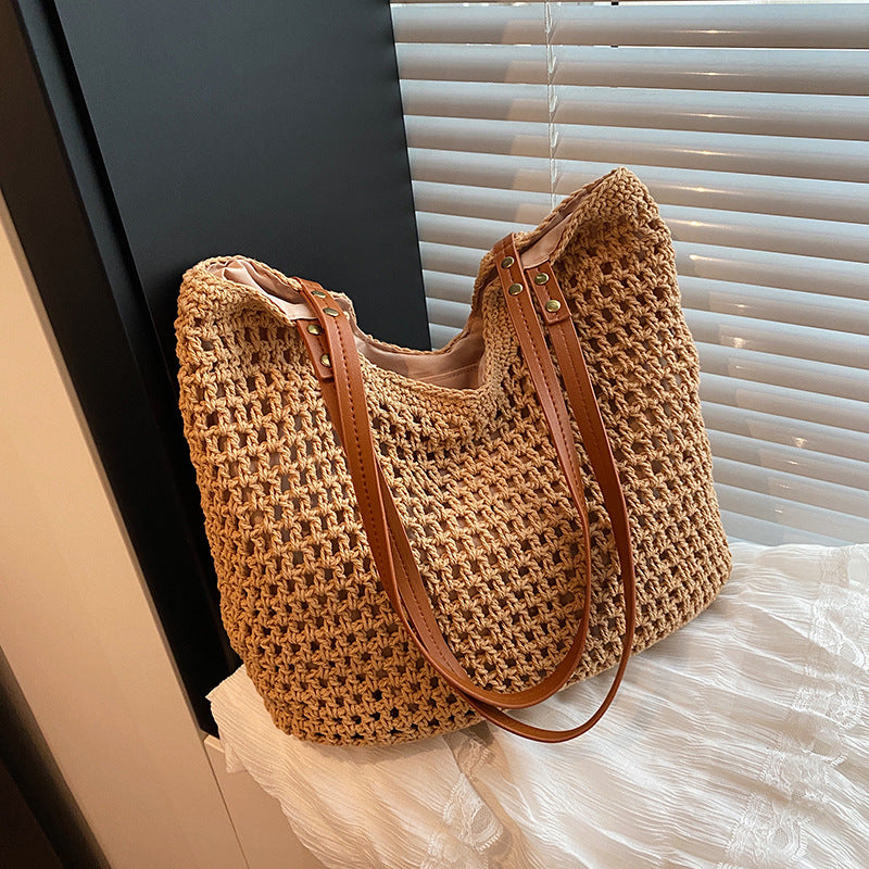 Bolso de hombro de tejido casual de gran capacidad, tote calado