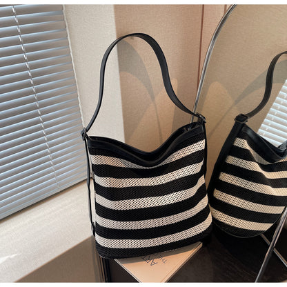 Bolso cubo de rayas blancas y negras, bolso de mano de gran capacidad para mujer, bolso de hombro casual para vacaciones