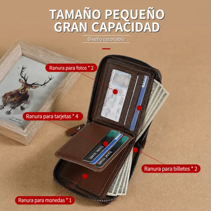Billetera de cuero para hombre nueva 2026, tarjetero con cremallera estilo vintage