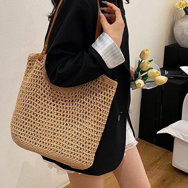 Bolso de hombro de tejido casual de gran capacidad, tote calado
