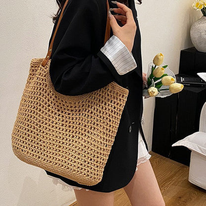 Bolso de hombro de tejido casual de gran capacidad, tote calado