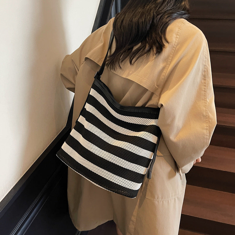 Bolso cubo de rayas blancas y negras, bolso de mano de gran capacidad para mujer, bolso de hombro casual para vacaciones