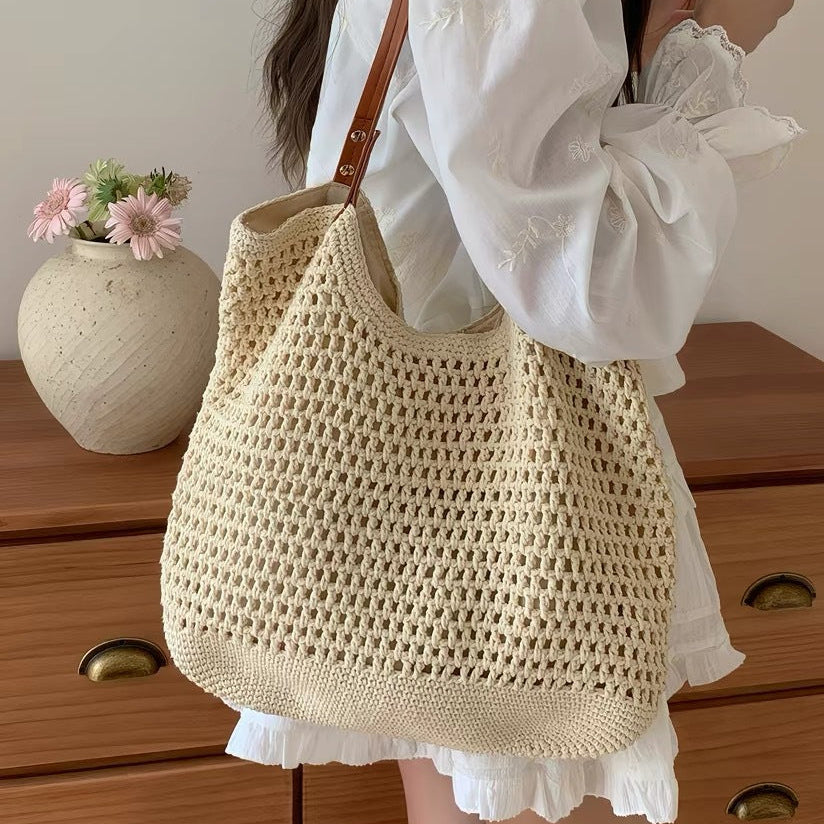 Bolso de hombro de tejido casual de gran capacidad, tote calado