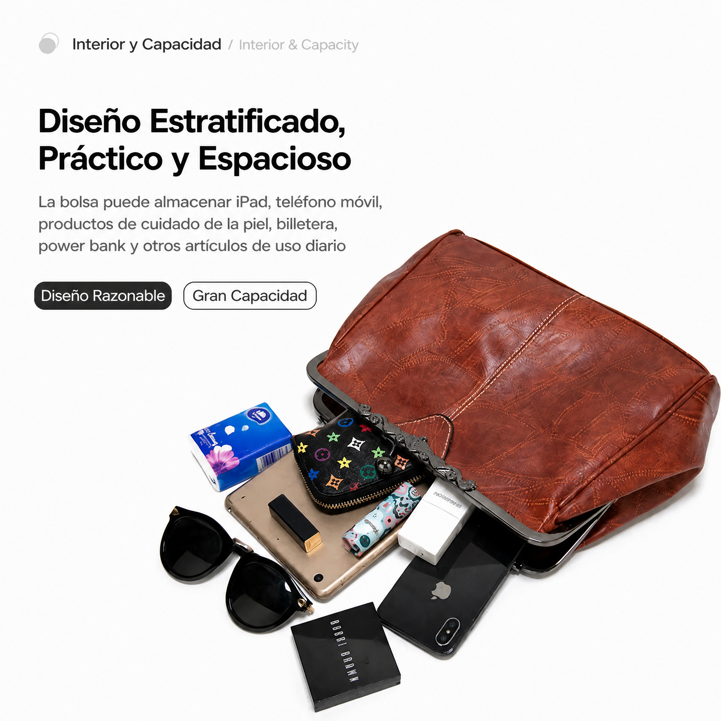 Elegante Bolso Retro de Mujer en Cuero Sintético, Bolso de Hombro y Bandolera de Gran Capacidad