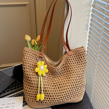 Bolso de hombro de tejido casual de gran capacidad, tote calado
