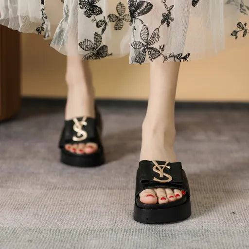 Pantuflas de verano para mujer de piel sintética, zapatos de plataforma cómodos.