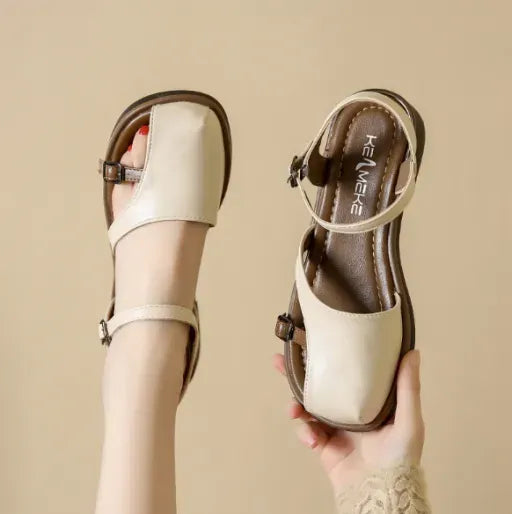 Sandalias de cuero con punta cerrada para mujer, suela blanda cómoda, de moda y versátiles