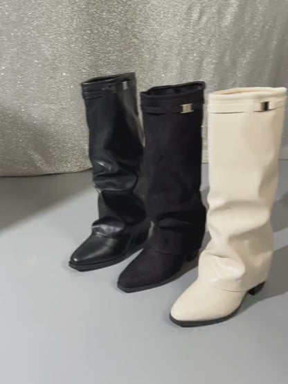 Botas sobre la rodilla para mujer, sin cordones, cuero de alta calidad