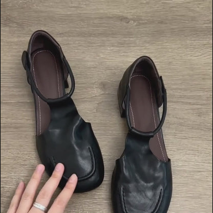 Zapatos de piel estilo francés retro con tacón bajo