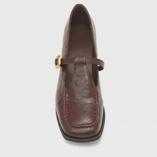Zapatos de tacón alto de cuero de tacón grueso para mujer
