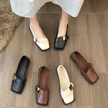 Zapatos de cuero vintage de punta cuadrada estilo francés
