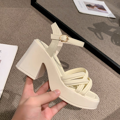 Sandalias de tacón alto para mujer, zapatos de tacón grueso estilo francés casual y cómodo