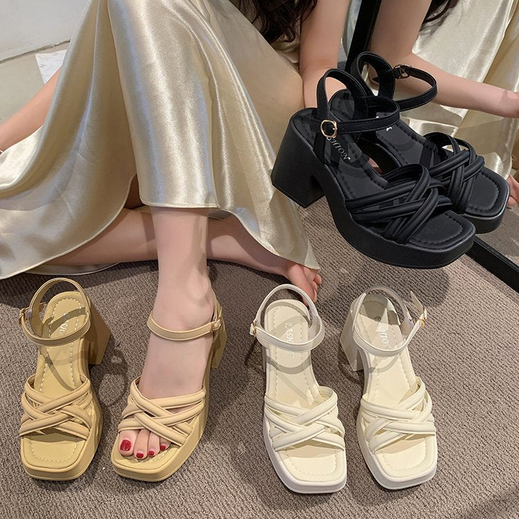 Sandalias de tacón alto para mujer, zapatos de tacón grueso estilo francés casual y cómodo