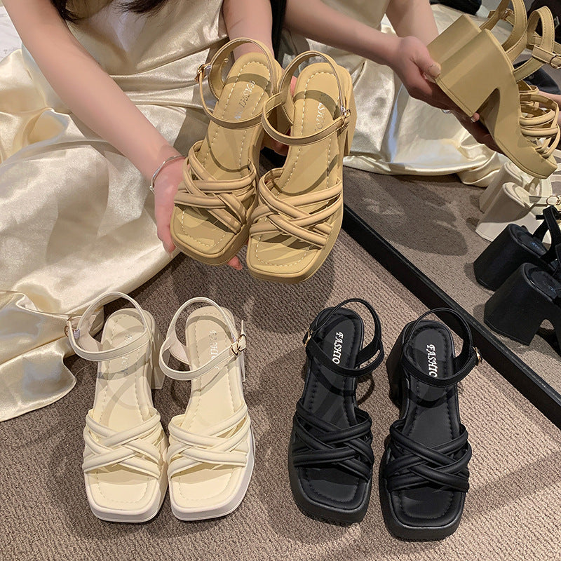Sandalias de tacón alto para mujer, zapatos de tacón grueso estilo francés casual y cómodo