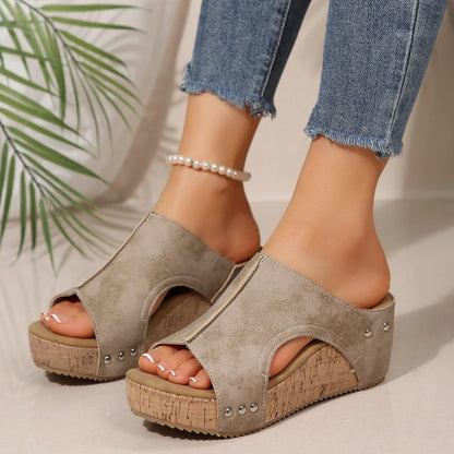 Sandalias de Cuero con Tacón de Corcho para Mujer, Chanclas Casuales Retro