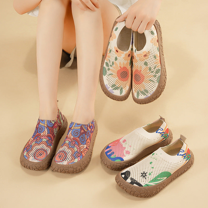 Zapatos de malla transpirable con estampado nuevos de verano 2026, suela blanda, calzado plano antideslizante estilo étnico