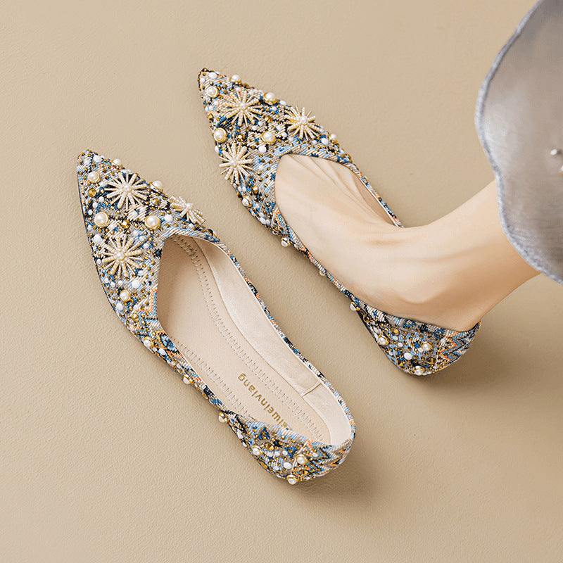 Estilo étnico nuevo 2026, zapatos planos con diamantes de imitación y estampado metálico, zapatos de tacón alto con punta en pico