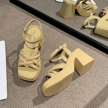 Sandalias de tacón alto para mujer, zapatos de tacón grueso estilo francés casual y cómodo