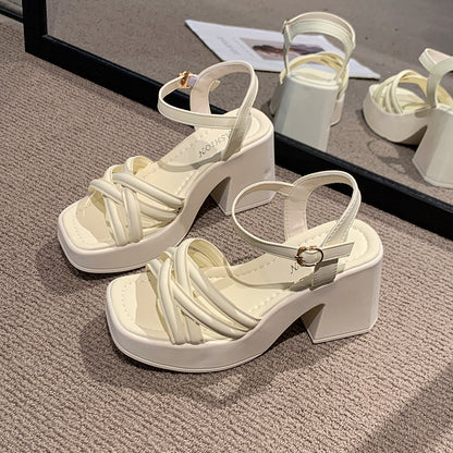Sandalias de tacón alto para mujer, zapatos de tacón grueso estilo francés casual y cómodo