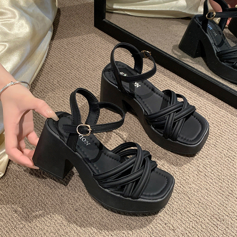 Sandalias de tacón alto para mujer, zapatos de tacón grueso estilo francés casual y cómodo