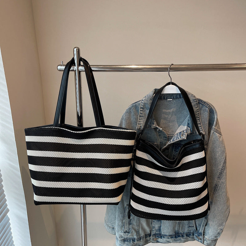 Bolso cubo de rayas blancas y negras, bolso de mano de gran capacidad para mujer, bolso de hombro casual para vacaciones