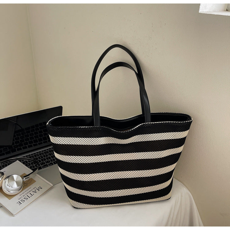 Bolso cubo de rayas blancas y negras, bolso de mano de gran capacidad para mujer, bolso de hombro casual para vacaciones