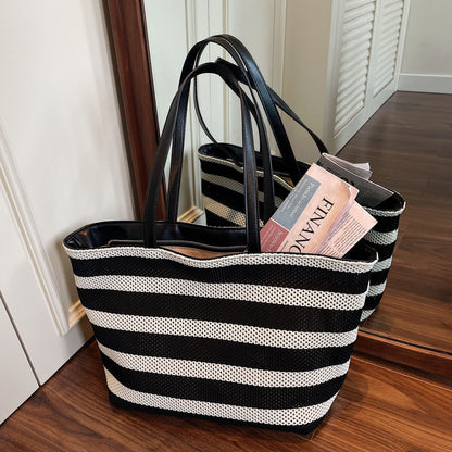 Bolso cubo de rayas blancas y negras, bolso de mano de gran capacidad para mujer, bolso de hombro casual para vacaciones