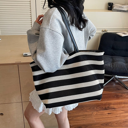Bolso cubo de rayas blancas y negras, bolso de mano de gran capacidad para mujer, bolso de hombro casual para vacaciones