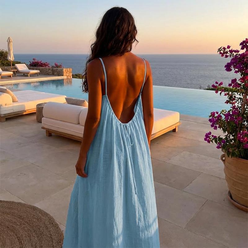 Vestido casual de tirantes en color liso para mujer, vestido largo elegante sin mangas, pijama interior femenino