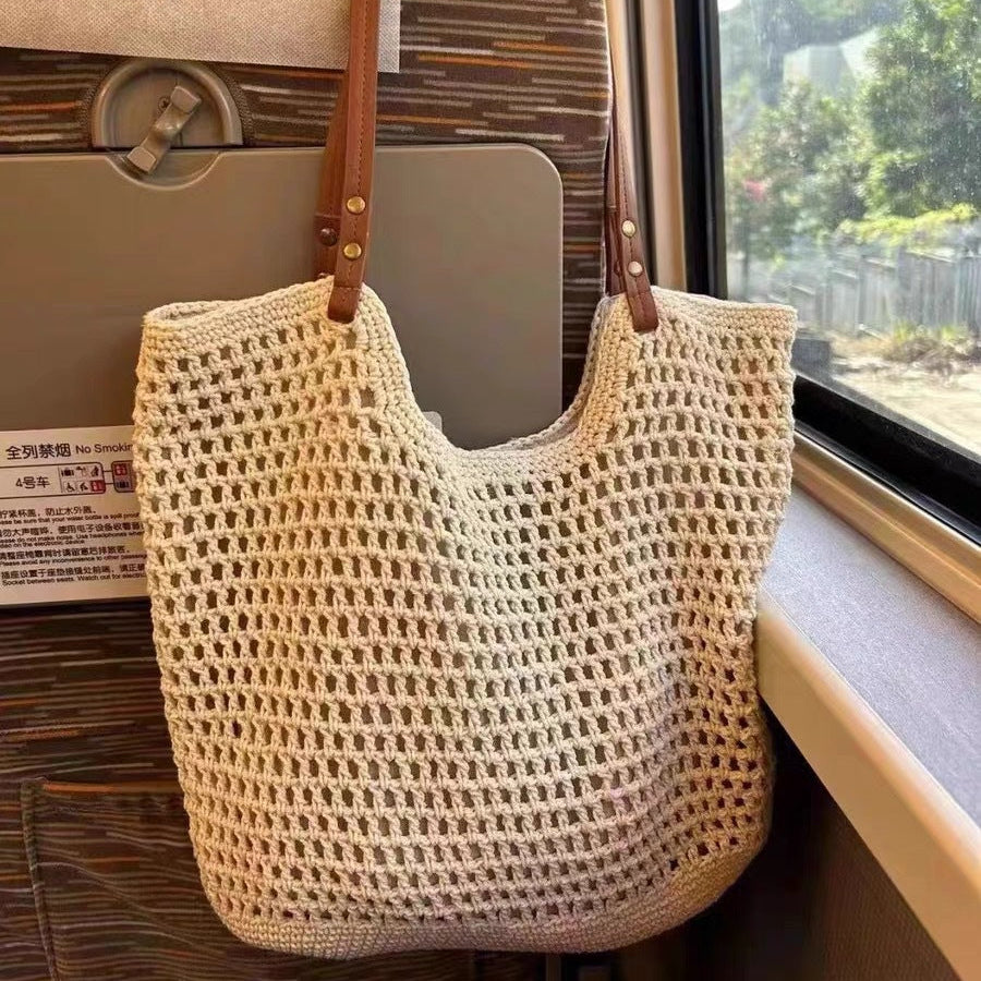 Bolso de hombro de tejido casual de gran capacidad, tote calado