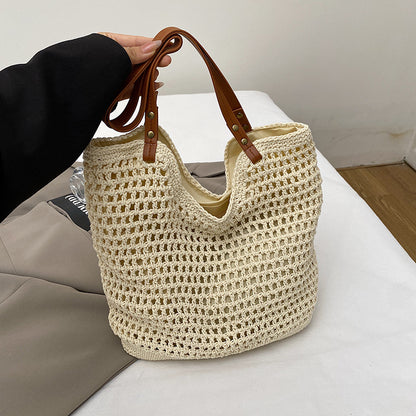 Bolso de hombro de tejido casual de gran capacidad, tote calado