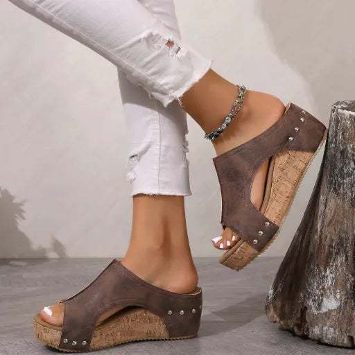 Sandalias de Cuero con Tacón de Corcho para Mujer, Chanclas Casuales Retro