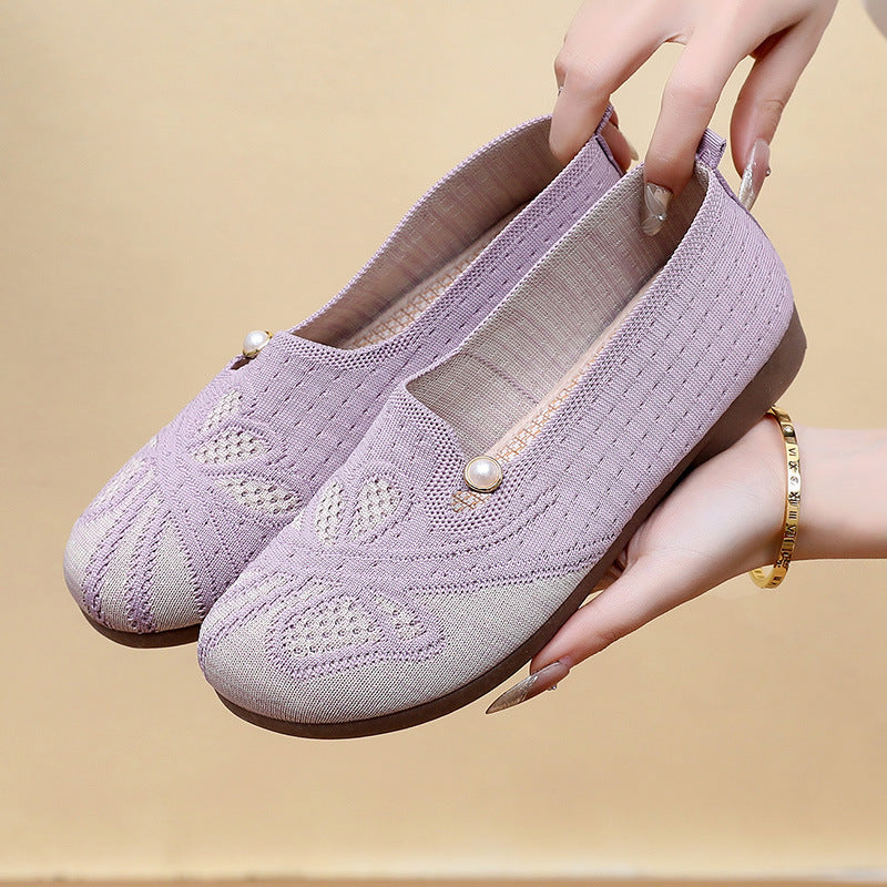 Zapatos planos de malla tejida transpirable para mujer, calzado de suela blanda antideslizante cómodo y versátil