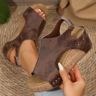 Sandalias de Cuero con Tacón de Corcho para Mujer, Chanclas Casuales Retro