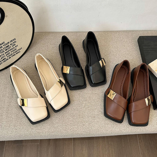 Zapatos de cuero vintage de punta cuadrada estilo francés