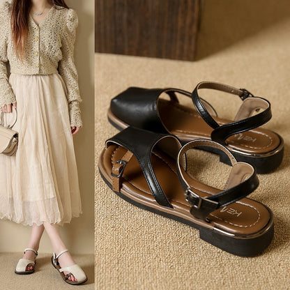 Sandalias de cuero con punta cerrada para mujer, suela blanda cómoda, de moda y versátiles