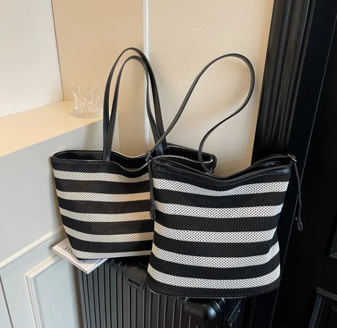 Bolso cubo de rayas blancas y negras, bolso de mano de gran capacidad para mujer, bolso de hombro casual para vacaciones