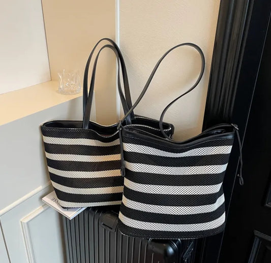Bolso cubo de rayas blancas y negras, bolso de mano de gran capacidad para mujer, bolso de hombro casual para vacaciones