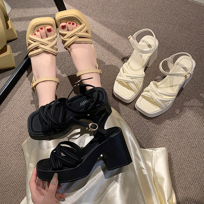 Sandalias de tacón alto para mujer, zapatos de tacón grueso estilo francés casual y cómodo