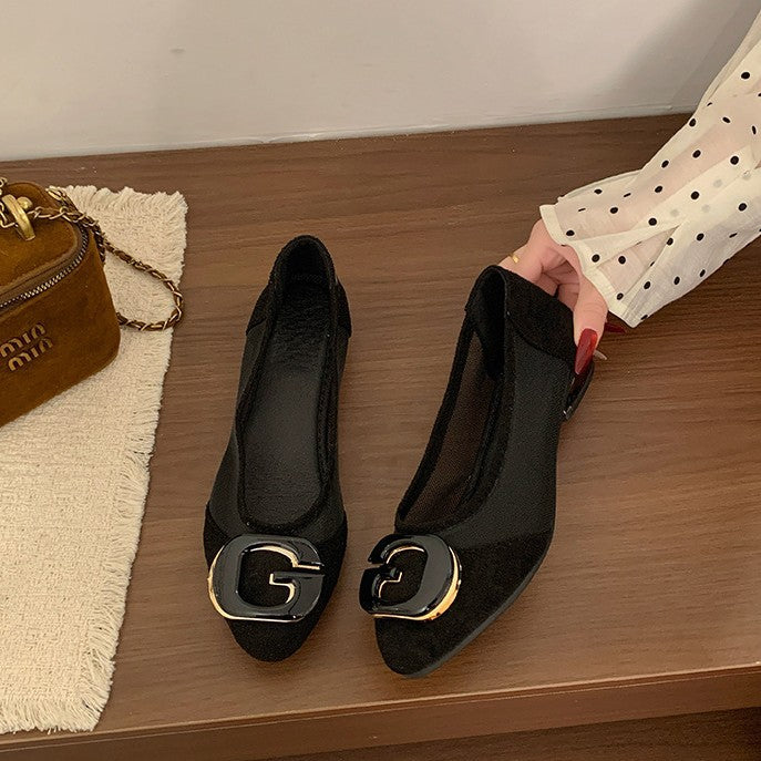 Zapatos de tacón bajo con punta en pico para mujer, calzado de tacón grueso transpirable de malla cómodo