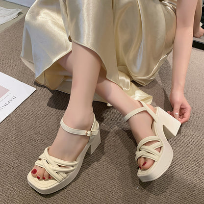 Sandalias de tacón alto para mujer, zapatos de tacón grueso estilo francés casual y cómodo