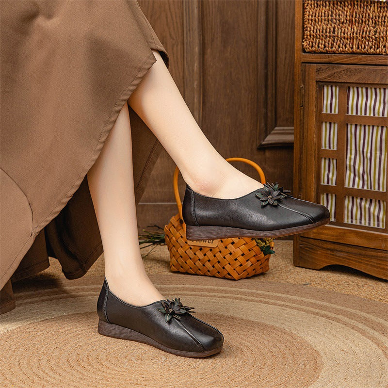 Zapatos de cuero suave y suela blanda para mujer, calzado de cuero estilo étnico vintage